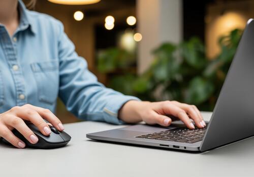 Close up of a woman hands typing on a laptop keyboard and using a wireless mouse on a desk. photo