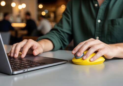 Close up of a man working remotely on a laptop using a bright yellow ergonomic trackball mouse in a modern cafe photo