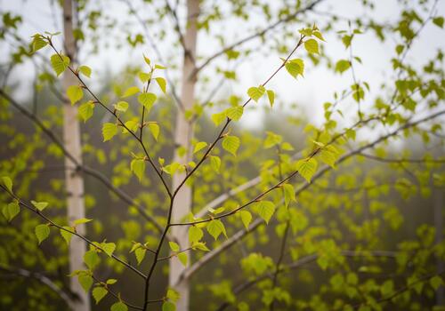 Fresh spring foliage of silver birch tree with young lime green leaves in fog photo