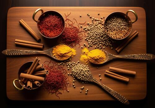 Overhead view of aromatic spices saffron, turmeric, and cinnamon on a dark wooden board photo