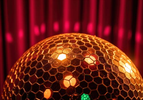 Captivating golden disco ball with hexagonal mirrors reflecting warm party light photo