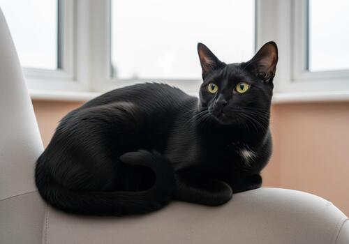 Captivating portrait of a sleek black short haired cat with striking golden eyes resting on a chair photo