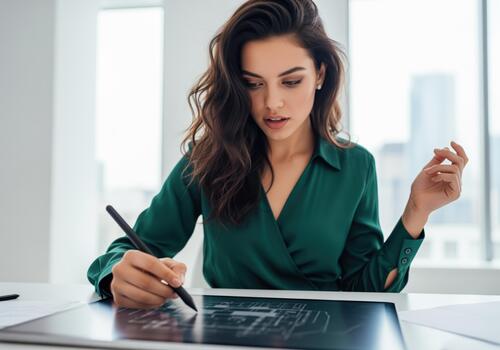 Focused young businesswoman sketching architectural plans using a stylus and tablet photo