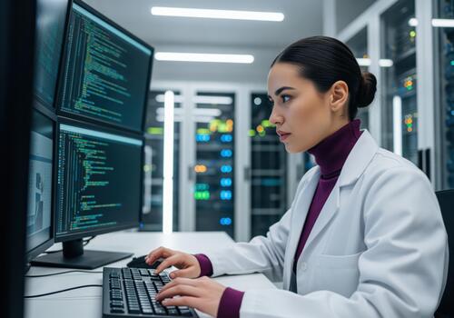 enfocado hembra científico o eso profesional mecanografía código en un moderno datos centrar foto