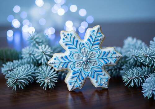 Christmas snowflake sugar cookie decorated with blue icing and winter bokeh lights photo