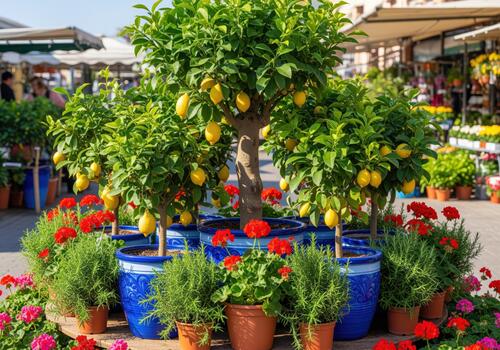 Vibrant display of potted lemon trees and red geraniums at a sunny mediterranean market photo