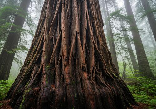 Majestic ancient redwood tree trunk texture in a dense foggy old growth forest photo