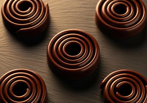 Close up of five perfectly coiled glossy dark chocolate spirals on a dark textured surface photo