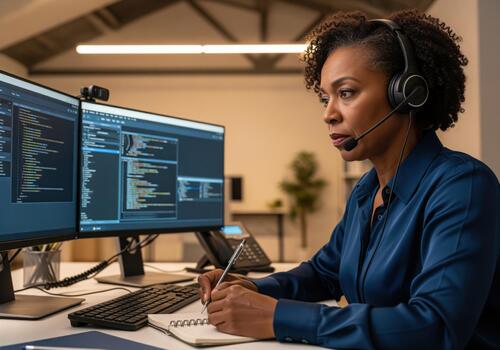 profesional mujer utilizando un auriculares y doble pantallas para codificación y técnico apoyo foto