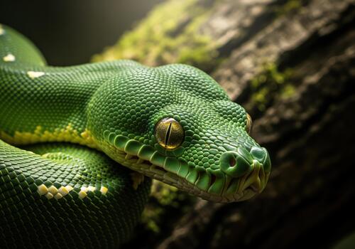 Compelling close up of a vibrant green tree python head and intense yellow eye. photo