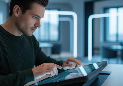 Focused businessman touching a large futuristic interactive touchscreen display. photo