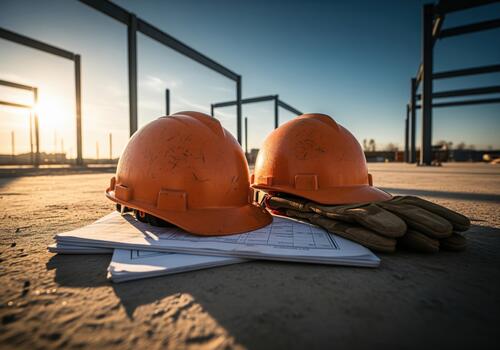Two orange construction hard hats, gloves, and blueprints on a building site floor. photo