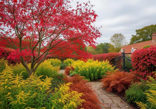 Stone pathway winding through a vibrant autumn garden with red japanese maple tree photo