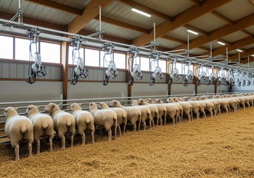 Automated shearing machines above a long row of white sheep in a modern farm facility. photo