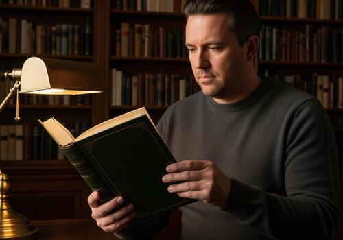 Mature man reading an antique book under a classic desk lamp in a private library photo