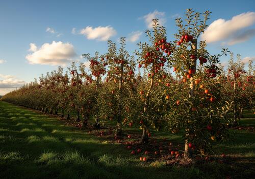 Rows of ripe red apple trees in a large orchard under a blue sky during the autumn harvest season. photo