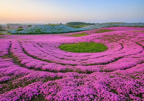 Vast field of pink shibazakura flowers creating mesmerizing spiral patterns on rolling hills. photo