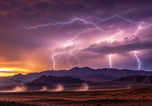 poderoso eléctrico tormenta con múltiple relámpago huelgas terminado un escabroso Desierto montaña rango a amanecer. foto