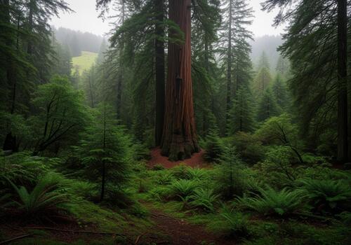 Massive ancient redwood tree trunk dominating a foggy, lush green temperate forest. photo