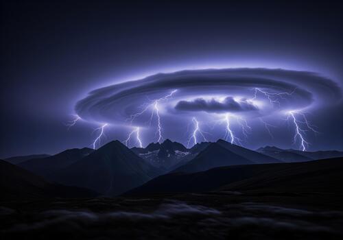 Spectacular lightning storm illuminating rugged mountains under a massive circular cloud photo