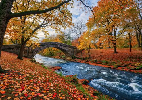 Vibrant autumn scene featuring a stone bridge over a rushing river surrounded by colorful fall foliage photo