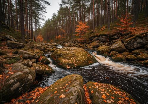Captivating autumn brook flowing over jagged, lichen covered boulders in a dense pine forest. photo