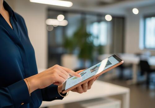Professional woman using a digital tablet to review data and presentation slides. photo