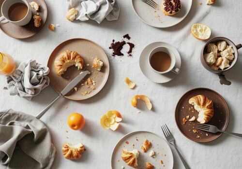 Flat lay of messy breakfast table aftermath with scattered croissants, coffee cups, and fruit. photo