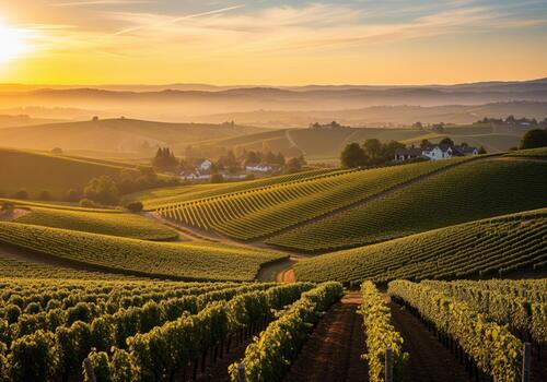 Golden hour light illuminating vast rows of grapevines across a scenic rural valley. photo