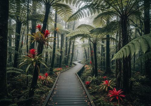 Winding wooden boardwalk path through a foggy tropical rainforest with giant tree ferns and red bromeliads. photo