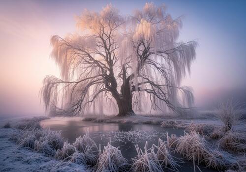 Towering weeping willow covered in rime frost standing beside icy water photo