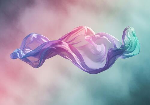 Ethereal flowing iridescent chiffon fabric suspended in air with vibrant gradient colors. photo