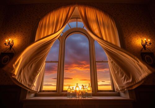 Dramatic sunset view through a grand arched window with flowing golden curtains and glass bottles. photo