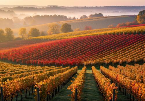 Ethereal autumn vineyard landscape at sunrise with colorful red and yellow grape rows and misty hills. photo