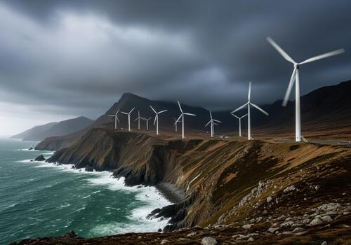 Epic view of wind turbines generating clean power along a dramatic, stormy ocean cliff. photo