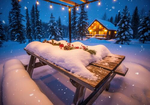 acogedor invierno noche escena con un Nevado picnic mesa y iluminado Iniciar sesión cabina entre pino arboles foto