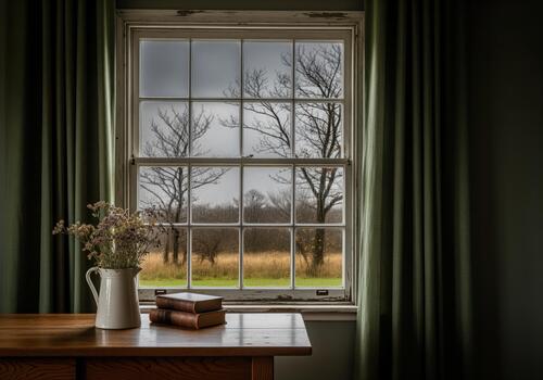 Rustic interior view through antique window frame showing bare trees and dark sky. photo
