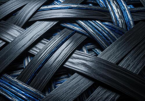 Abstract woven texture of dark composite strips intertwined with bright blue metallic fibers photo