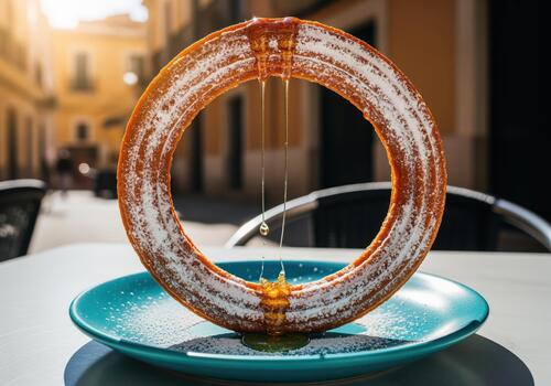 Oversized churro loop standing on a turquoise plate, dusted with sugar and dripping honey in an outdoor cafe. photo