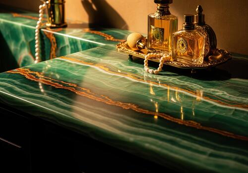 Luxurious emerald green onyx countertop with golden veins and perfume bottles photo