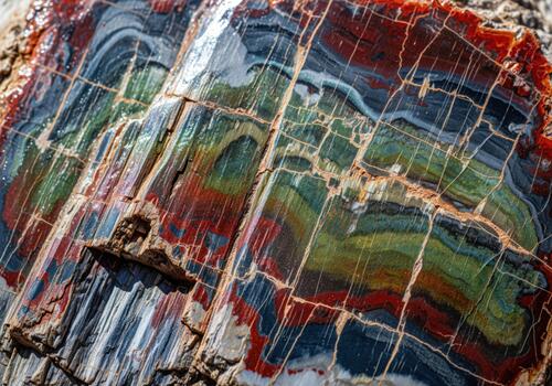 Macro view of ancient petrified wood grain displaying vibrant mineralized colors and cracks photo