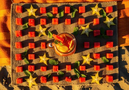 Overhead view of tropical watermelon elixir with star fruit and mint on a beach mat. photo