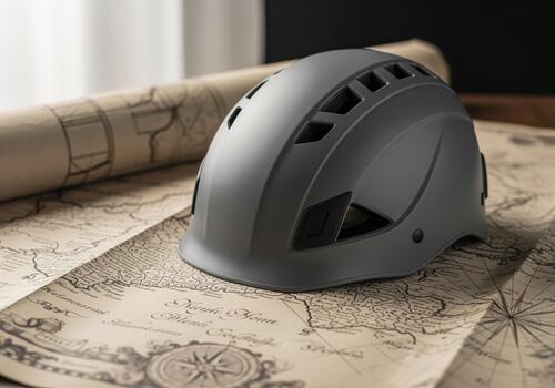 Professional close up of a gray safety helmet on an old rolled out geographical map photo