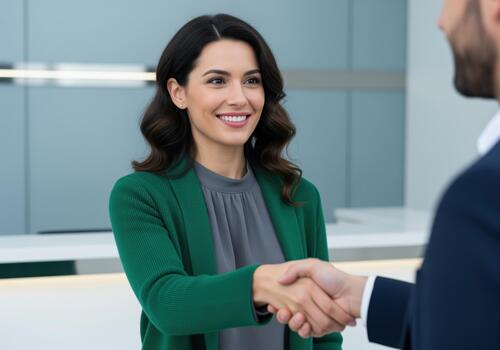 Smiling professional woman in green jacket shaking hands with a man in an office photo