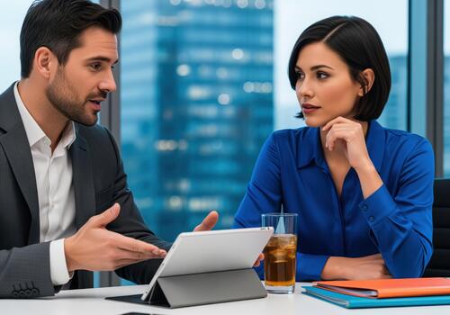 Professional businessman and businesswoman discussing strategy using a tablet in a modern office. photo