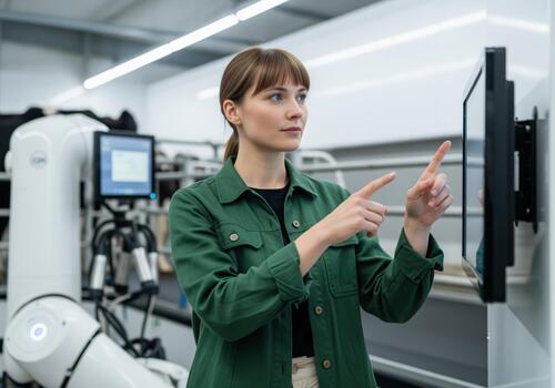 hembra técnico operando automatizado lechería granja sistema utilizando digital pantalla foto