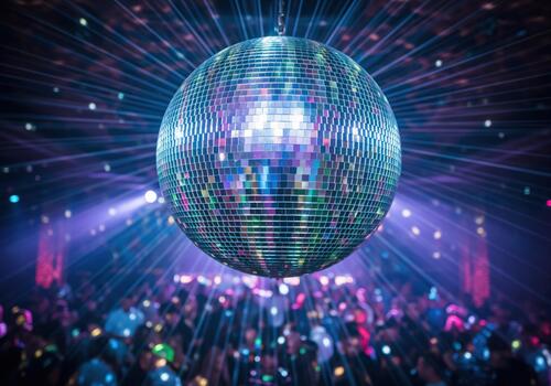 Shiny disco ball reflecting colorful light beams over a crowded dance floor party photo