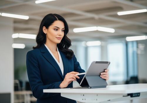 Professional woman using a stylus on a digital tablet in a bright modern office photo