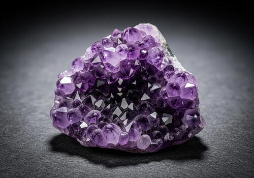 Deep purple amethyst crystal cluster formation close up on a dark studio background photo