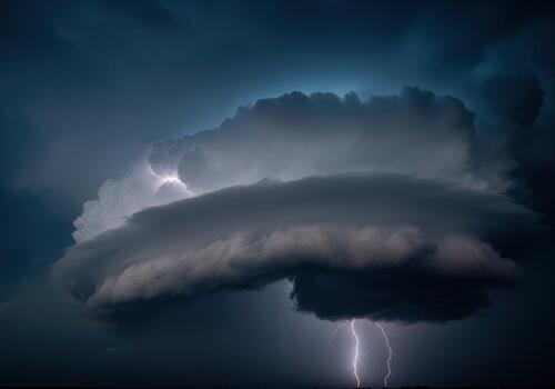 Colossal dark storm cloud with powerful lightning strikes illuminating the turbulent sky. photo